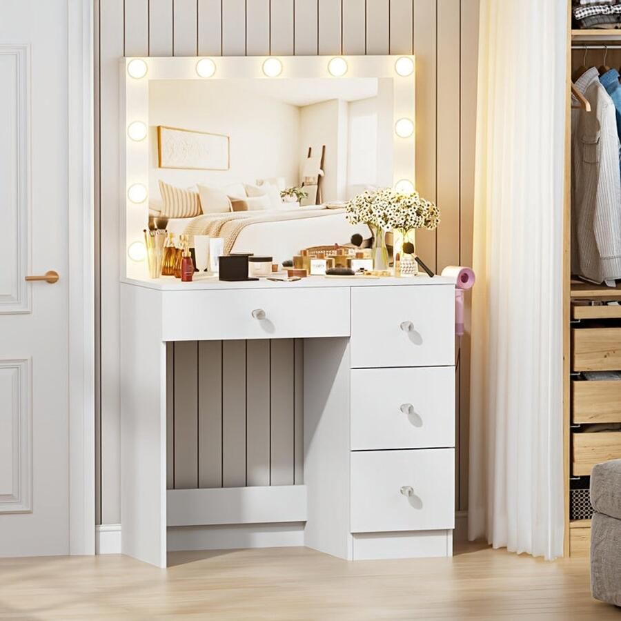 Corenia Make-up Tafel – Make-up Bureau – Schminktafel – Kaptafel – Kosmetiektafel – Wit – 135 cm Breed Werkblad – Haardrogerhouder Inclusief