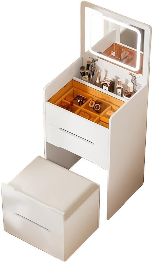 Corenia Make-up Tafel – Schminktafel – Kaptafel – Visagie Tafel – Make-up Bureau – Compact 3-in-1 Ontwerp – Inklapbare Spiegel – Wit Hout