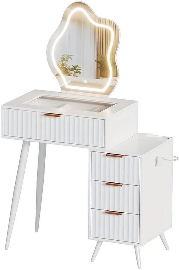 Corenia Make-up Tafel – Visagie Tafel – Schoonheidstafel – Kaptafel – Dressing Tafel – Wit – 4 Laden – Onregelmatige Spiegel – Glazen Blad – Föhnhouder – 80x40x128 cm – Houten Materiaal