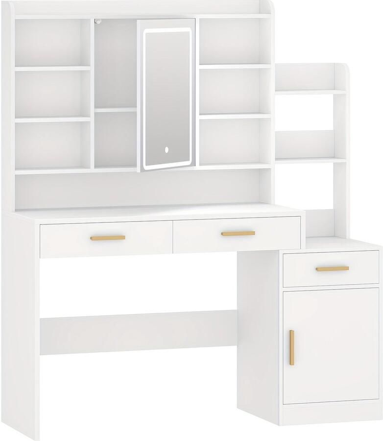 Corenia Make-uptafel – Kaptafel – Make-upmeubel – Schminktisch – Witte Make-uptafel – Groot Tafelblad 130 cm – Negen Open Schappen – Twee Lades – Kastje Met Plank