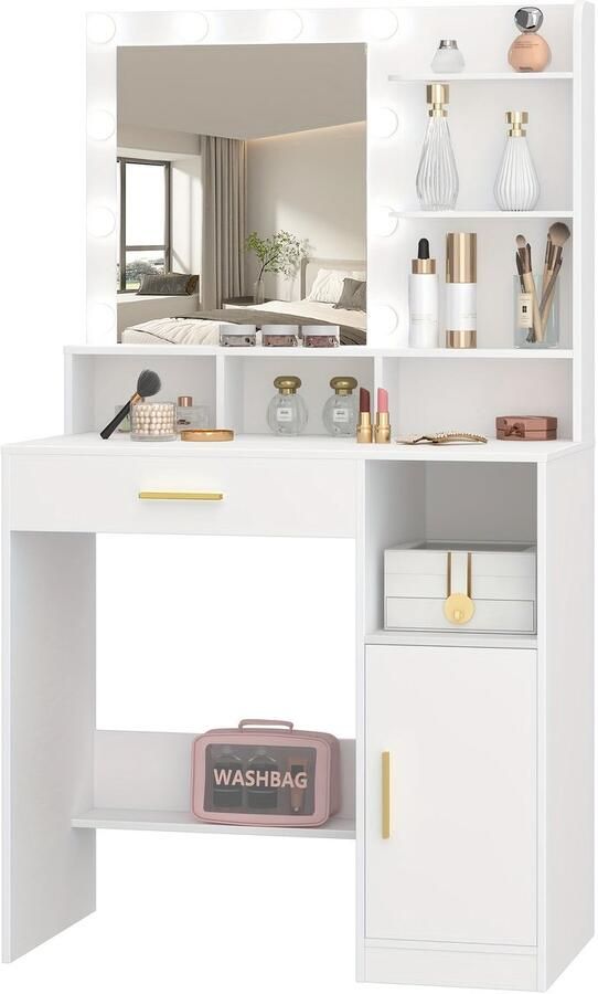 Corenia Make-uptafel – Kaptafel – Schminktafel – Dressoir – Vanity – Wit – Met Spiegel en 10 LED Lampjes – 3 Verstelbare Helderniveaus – Veel Opbergruimte met Lade en Kastje