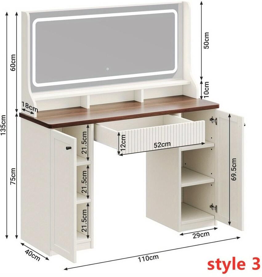 Corenia Make-uptafel – Kaptafel – Schminktisch – Make-up Bureau – Opbergmeubel – Beige & Bruin – Ruime 3 2 kubieke voet opbergruimte – Hoogwaardig hardhout en glas