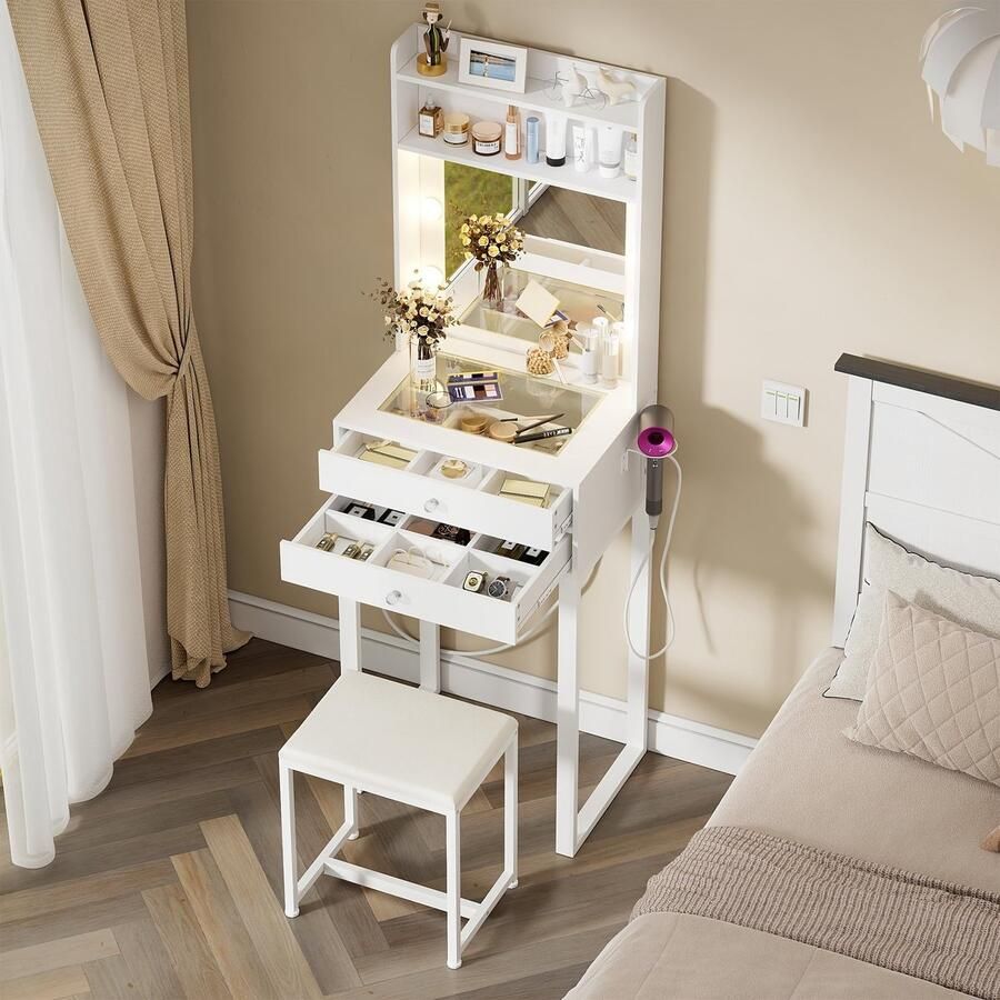 Corenia Make-uptafel – Kaptafel – Schminktisch – Make-up Desk – Make-up Bureau – Verlichte Spiegel – Glazen Bovenblad – Compact 55x40x152 cm – Wit