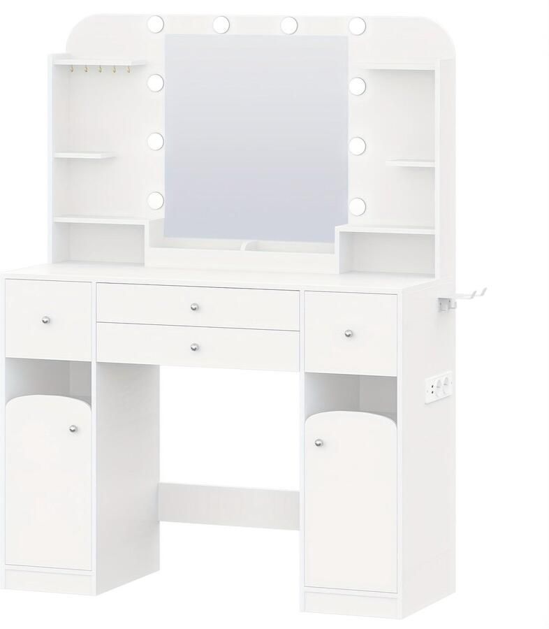 Corenia Make-up Tafel – Kaptafel – Schminktafel – Make-up Bureau – Make-up Organizer – LED Verlichting – Haardrogerhouder – 108 cm Breed – 2 Lades en 2 Kasten – Wit