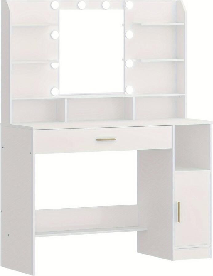 Corenia Make-uptafel – Make-uptafel – Schminktisch – Dressoir – Kaptafel – Witte Afwerking – Grote Tafelplaat – Verstelbare Verlichting – Opbergkasten en Lades – Open Planken