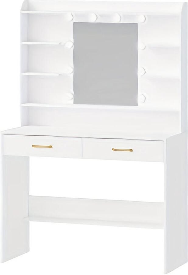 Corenia Make-uptafel – Kaptafel – Schminktisch – Visagiekast – Make-up Bureau – Wit Met Gouden Accenten – Verstelbare Verlichting – 100x40x149 cm