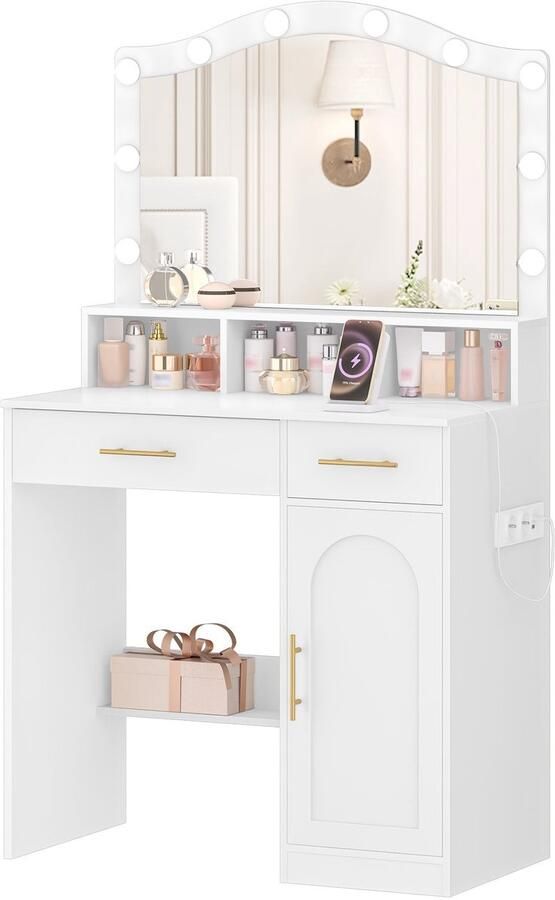 Corenia Makeuptafel – Kaptafel – Cosmeticatafel – Vanitafel – Make-up Tafel – Grote Spiegel – Instelbare LED Verlichting – Oplaadstation met Stopcontacten en USB – Wit met Gouden Accenten