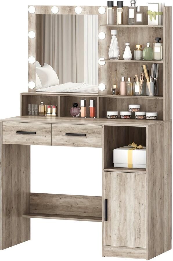 Corenia Makeuptafel – Kaptafel – Cosmeticatafel – Vanitafel – Make-up tafel – Verlichte Spiegel Met 10 LED – 90x40x140 cm Hout