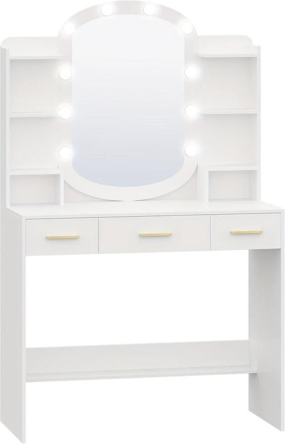 Corenia Makeuptafel – Kaptafel – Cosmeticatafel – Vanitafel – Make-up Tafel – Witte Make-up Tafel met Ovale Spiegel – 10 LED Lampjes met Instelbare Helderheid – 3 Lades en 6 Open Vakken 40x90x144 cm