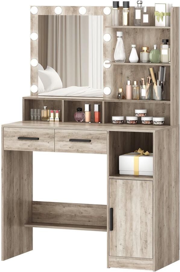 Corenia Makeuptafel – Kaptafel – Cosmeticatafel – Vanitafel – Spiegeltafel – Met 10 Verstelbare LED-Lampen – 90x40x140 cm – MDF & Spaanplaat