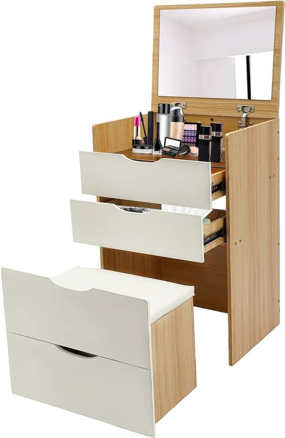 Corenia Makeuptafel – Kaptafel – Schminktisch – Cosmeticatafel – Make-up Bureau – Compact Ontwerp – Hardhouten Constructie – 3 Lades – Flip-Top Spiegel – Houtkleur & Crème Wit