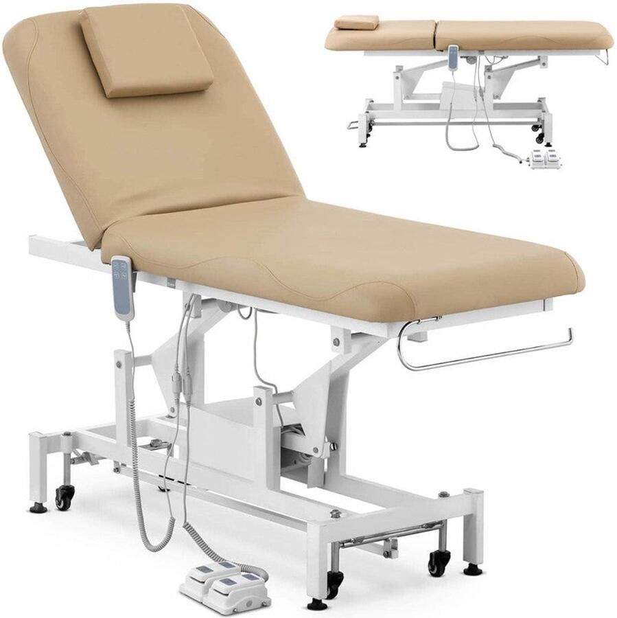 Corenia Massagetafel – Behandelbank – Massagebed – Behandeltafel – Massagebank – Elektrisch Verstelbaar – 2 Motoren – Max. Draagvermogen 150 kg – Donkerbeige Eco-Leder