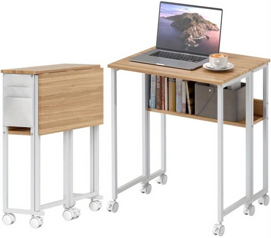 Corenia Mobiel Computerbureau – Bureau Met Wieltjes – Opvouwbaar Bureau – Werktafel – Laptoptafel – Compact Ontwerp – Houten Blad Met Metaalframe – Inclusief 2 Planken En Opbergruimte