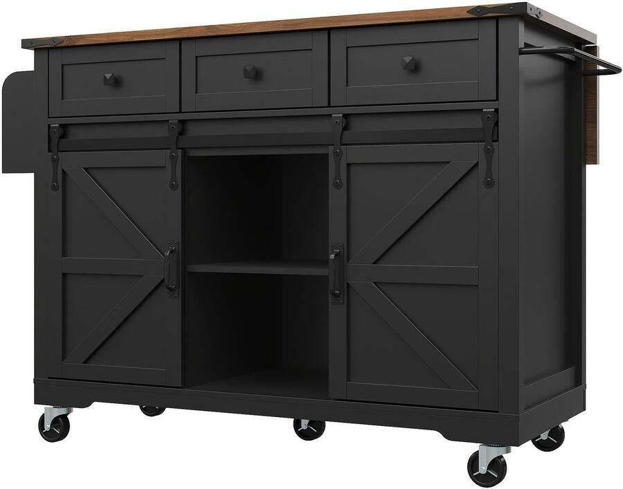 Corenia Mobiele Keukentrolley – Keukenwagen – Serveertrolley – Keukenkast – Werktafel – Zwart – Uittrekbaar Werkblad – Vergrendelbare Wieltjes