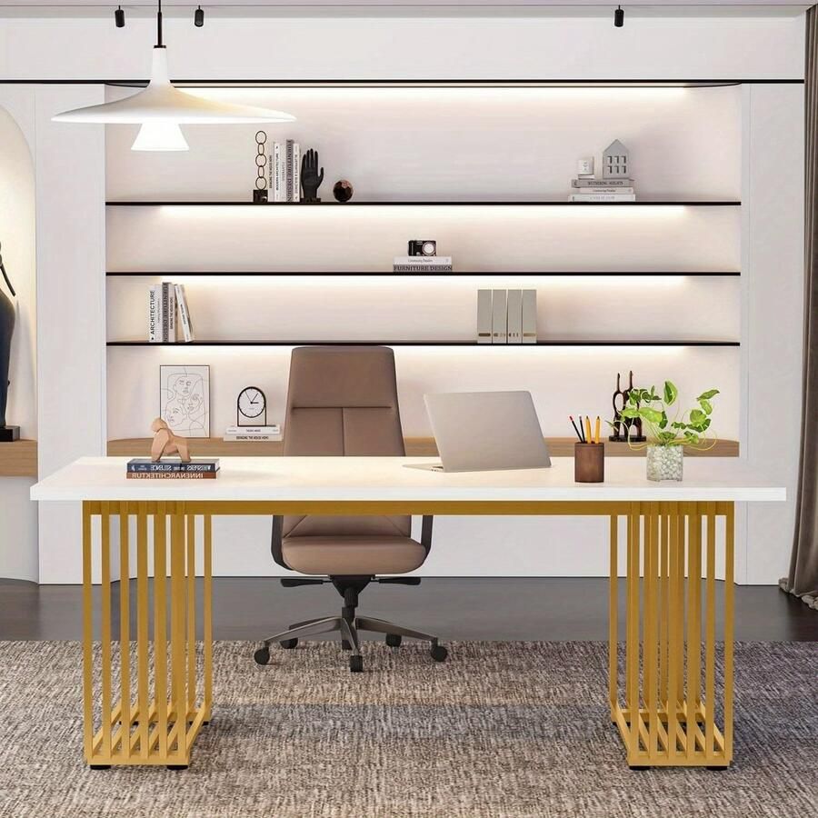 Corenia Modern Bureau – Strakke Werkplek – Computertafel – Studietafel – Kantoor Bureau – Wit Met Gouden Metalen Poten – 180 cm Breed – Stevig Engineered Houten Blad