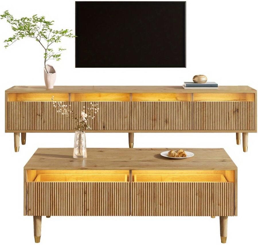 Corenia Modern Woonkamerset – Tv-kast – Salontafel – Meubelset – Opbergmeubel – Witte MDF Meubels – Gouden Details – Ruime Opbergruimte