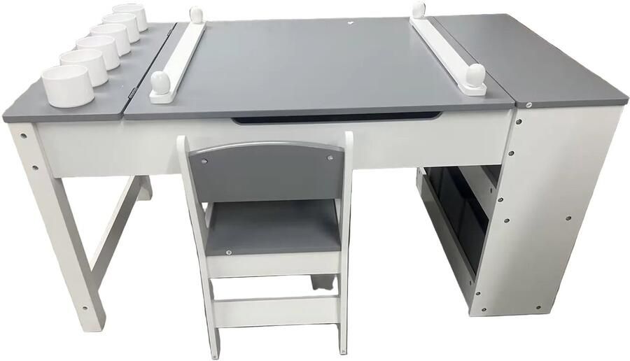 Corenia Multifunctioneel 2-in-1 Kindertafel En Stoel Set – Kids Tafel – Knutseltafel – Schildersezel – Activiteitentafel – Hout Met Opbergruimte Grijs & Wit