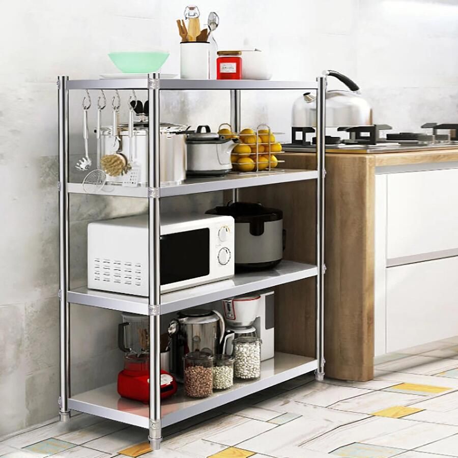 Corenia Multifunctioneel Keukenrek RVS Stevig & Ruim Multi Sstory Kitchen Storage Rack Zwaar 4-Laags Zilver Huishoudelijke sortering Magnetron Opslagplank