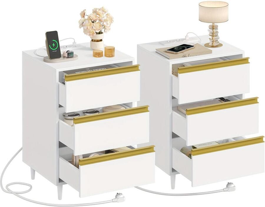 Corenia Nachtkastje – Bedkastje – Bijzettafel – Opbergkastje – Kastje – Set van 2 – 3 Lades – Afneembare Pootjes – Wit MDF Hout