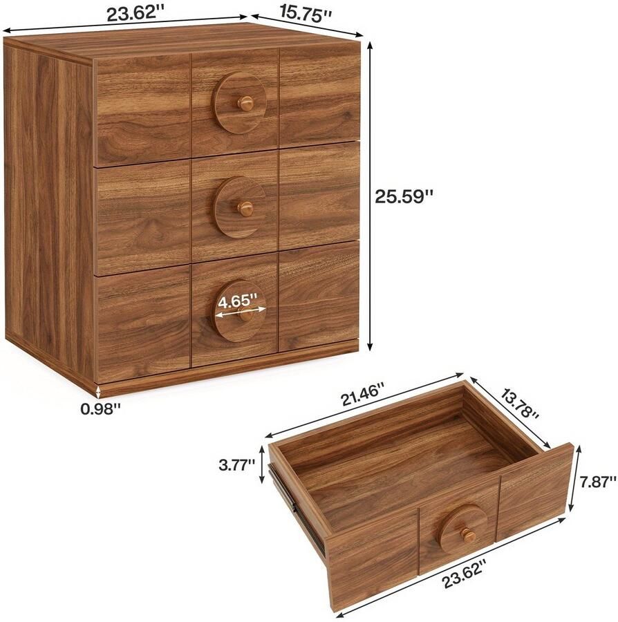 Corenia Nachtkastje – Bedkastje – Bijzettafel – Opbergkastje – Walnootbruin – 3 Ruime Lades – Stevig Plaatmateriaal