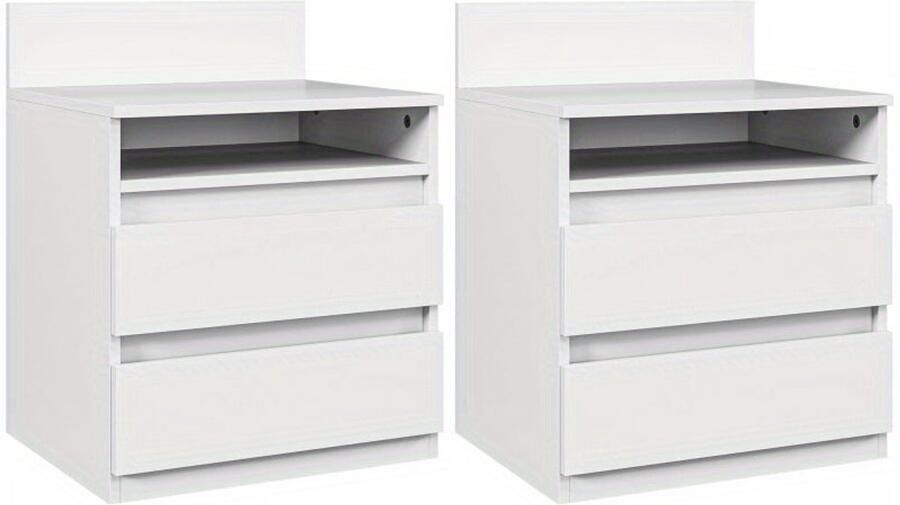 Corenia Nachtkastje – Bedkastje – Bijzettafeltje – Slaapkamerkastje – Wit – 2-delige Set – 2 Lades + Open Vak – Melamine Coating & Compact Design 40x32x50 cm
