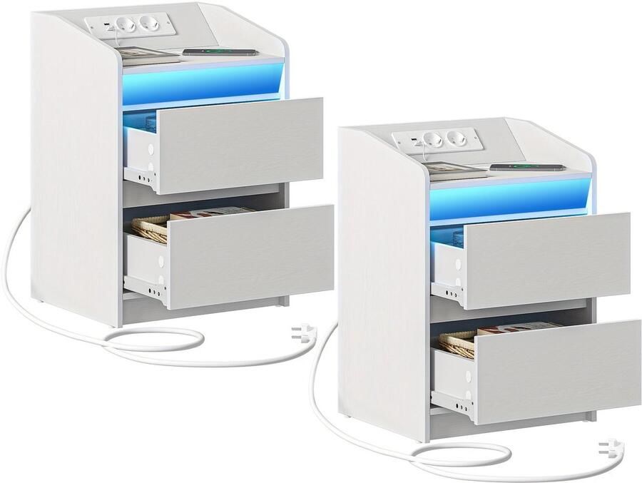 Corenia Nachtkastje – Bijzettafel – Bedkastje – Opbergkastje – Wit – Set Van 2 – LED-verlichting Met 20 Kleuren – Oplaadstation Met USB Poorten & Stopcontacten