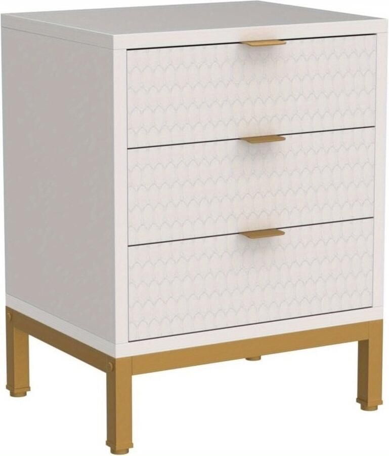 Corenia Nachtkastje – Bijzettafel – Bedside Table – Opbergkast – Nachtkast – Wit Gouden Afwerking – 3 Lades – E1 Spaanplaat Met Metaal
