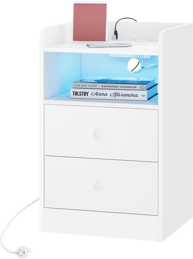 Corenia Nachtkastje Bijzettafel Nachtkastje met Oplaadstation – 2 USB-poorten 2 Stopcontacten – Bijzettafel met Verstelbare LED-Verlichting – Houten Overbedtafel – Modern Slaapkamermeubel 40x64x35 cm Wit