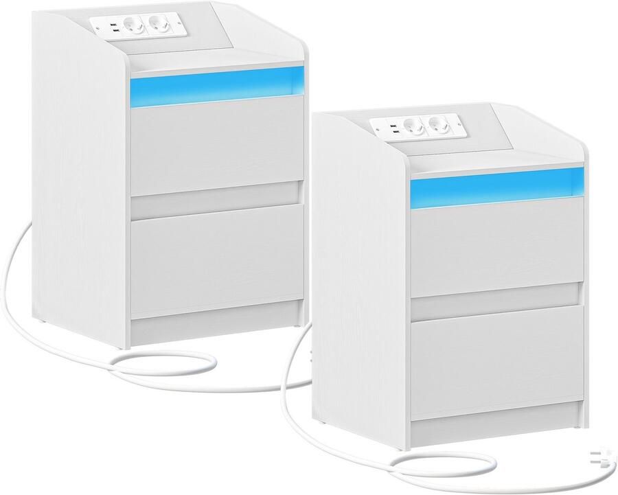 Corenia Nachtkastje – Bijzettafel – Opbergkastje – Ladekast – Witte Set Van 2 – 2 Laden Per Kastje – Ingebouwde USB Poorten En Stopcontacten