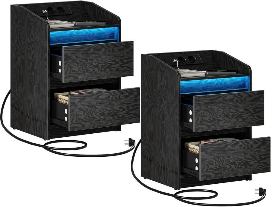 Corenia Nachtkastje – Bijzettafel – Opbergkastje – Nachtkast – Nachtkastjes – Set Van 2 Met LED-verlichting – Oplaadstation Met USB En Stopcontact – Zwart – 35x40x58 cm – Spaanplaat