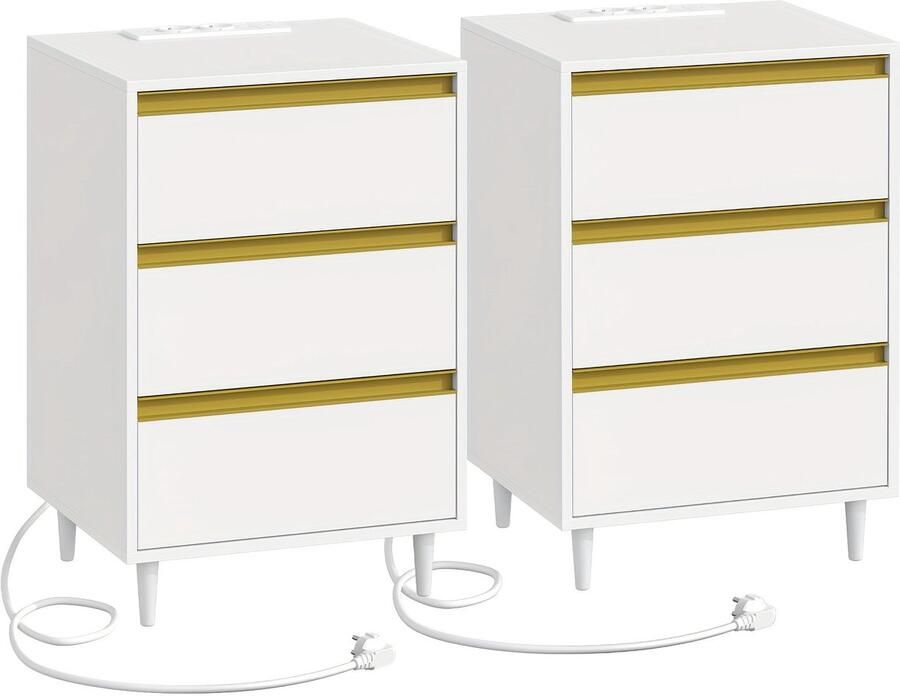 Corenia Nachtkastje – Bijzettafel – Opbergkastje – Nachtkast – Wandkast – Set Van 2 – 3 Lades – Verwijderbare Pootjes – Wit