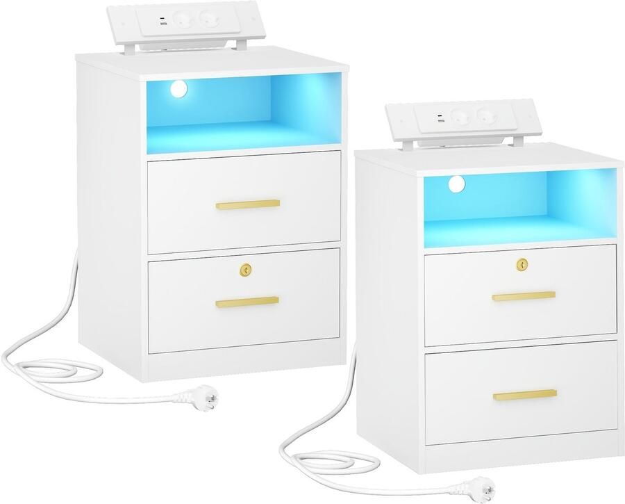 Corenia Nachtkastje – Bijzettafel – Opbergkastje – Nachtkastjes – Zwevend Kastje – Set Van 2 – LED-verlichting – Wit Hout – 2 Lades – 1 Open Vak – 35x40x58 5 cm