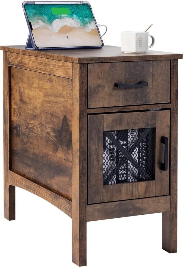 Corenia Nachtkastje – Bijzettafel – Wandkast – Ladekast – Opbergkast – 3 Niveaus Opbergruimte – Ingebouwde USB & Stopcontacten