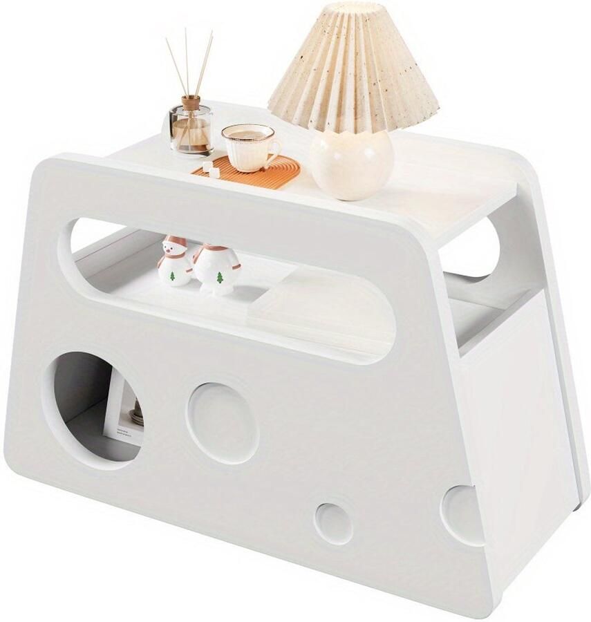 Corenia Nachtkastje – Bijzettafel – Woonkamertafel – Bijzetkast – Mobiele Tafel – Wit – Met Wieltjes – Veilig Afgerond Ontwerp – MDF & Hout – Compact & Ruimtebesparend