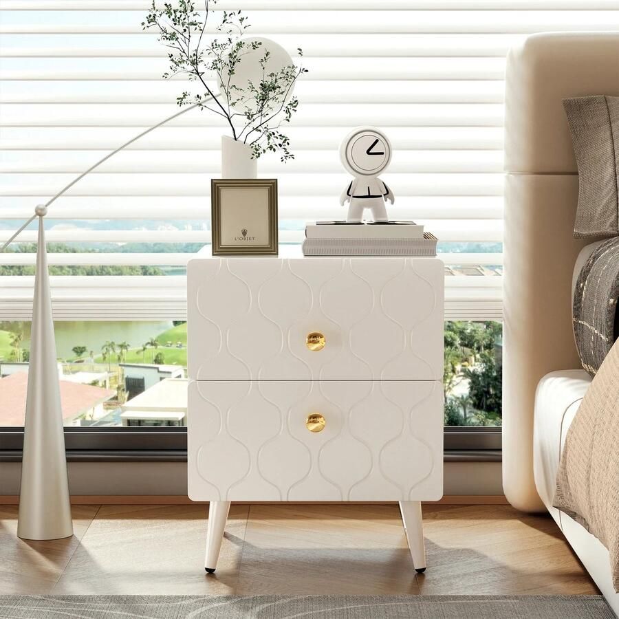 Corenia Nachtkastje Modern Nachtkastje Set van 2 Vergulde handgrepen Golfpatroon met 2 laden gelakt hoeken in stootvast ontwerp 39 5 x 40 x 50 cm Wit