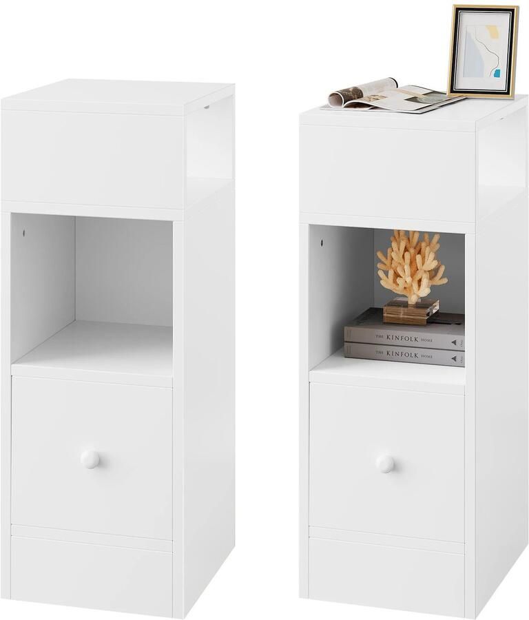 Corenia Nachtkastje Nachtkastjes Set van 2 Nachtkastjes Modern 2 Open Planken 1 Lade 25x66x30cm Slank Klein Opbergkastje Nachtkastje Ruimte Wit