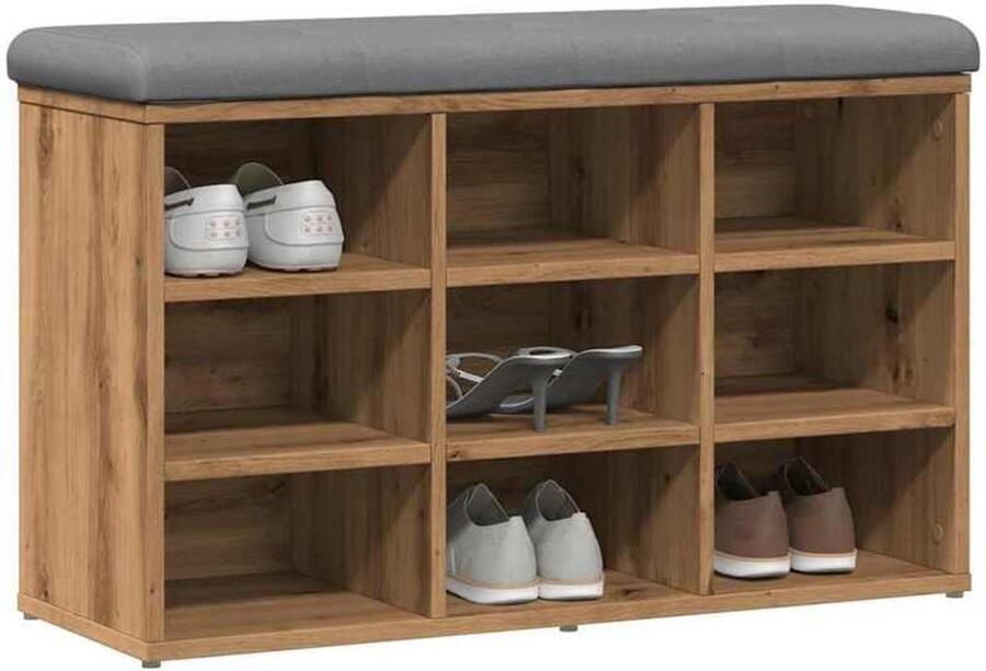 Corenia Opbergbank Hal – Schoenenbank – Zitbank – Schoenenrek – Opbergmeubel – Artisan Oak Kleur – Stevig Houtcomposiet – Comfortabel Lichtgrijs Kussen