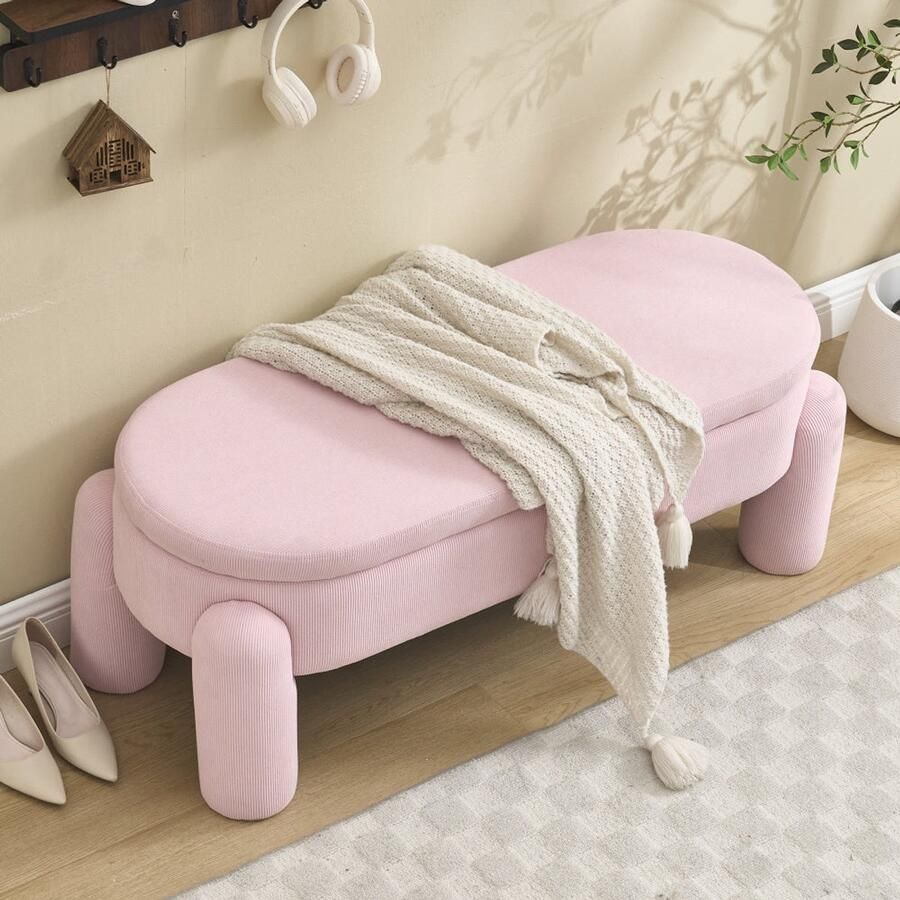Corenia Opbergbank – Opbergbank – Zitbank – Opbergkist – Opbergbox – Roze Chenille Bekleding – Massief Houten Frame – Ruime Verborgen Opbergruimte – Antislip Vierkant Design