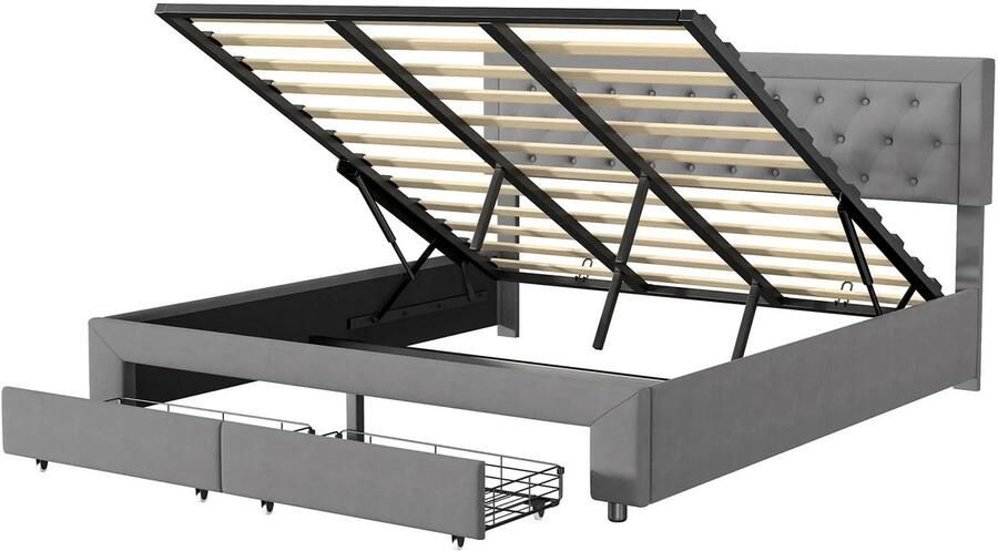 Corenia Opbergbed – Gestoffeerd Bed – Slaapbank – Tweepersoonsbed – Kinderbed – Verstelbaar Hoofdbord – Hydraulische Opberglades