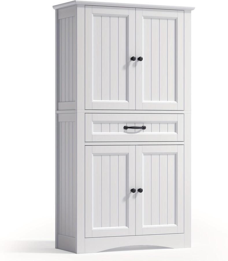 Corenia Opbergkast – Voorraadkast – Kastje – Dressoir – Bergkast – Modern – 4 Deuren Met Lade – Verstelbare Planken – Anti-Kiep Veilig – Wit Hout Kunstbord