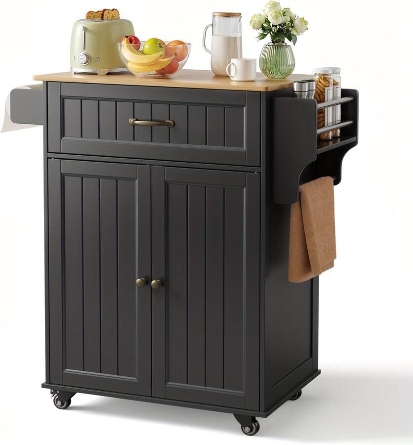 Corenia Opbergkastje – Opbergmeubel – Rollende Kast – Keukenwagen – Mobiel Kastje – Zwart – Op Wieltjes – 90 Liter Inhoud – Duurzaam Hout