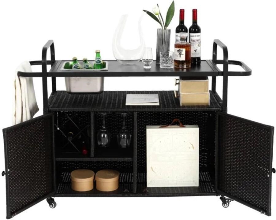 Corenia Outdoor Bartafel – Mobiele Tafel – Tuinbar – Balkonmeubel – Stevige Wielen Met Rem – RVS Tafelblad