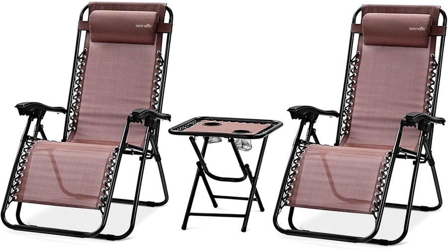 Corenia Outdoor Relaxstoelen – Tuinstoelen – Loungestoelen – Campingstoelen – Balkonstoelen – Met Bijzettafel En 2 Bekerhouders – Verstelbare Rugleuning En Inklapbaar Design – Mocha Bruin