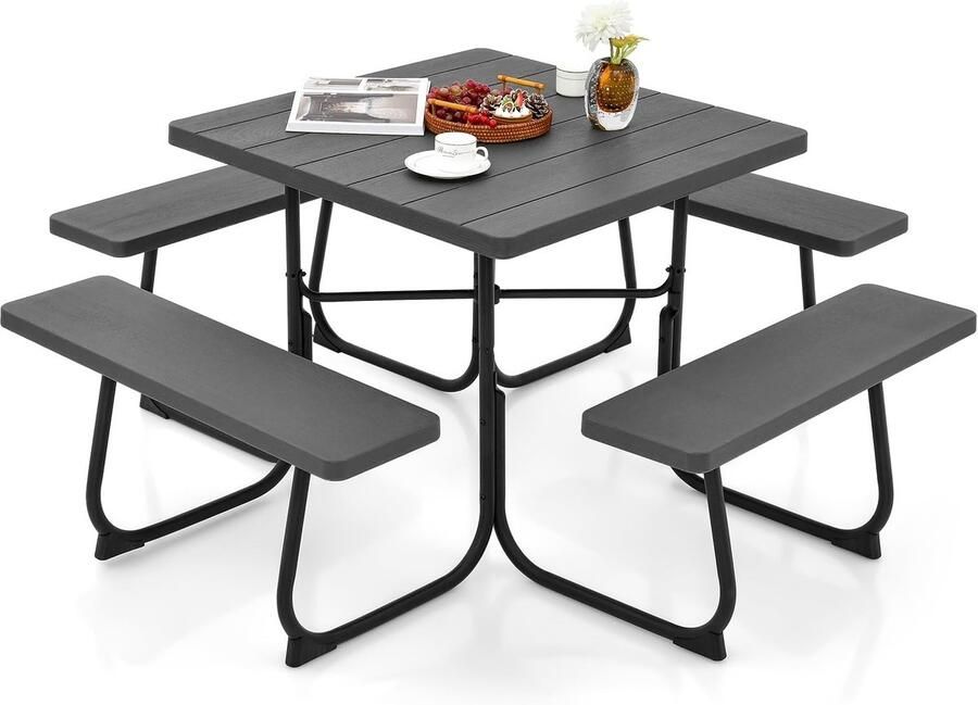 Corenia Picknicktafel – Tuinset – Buitenmeubel – Zitzet – Balkontafel – Zwarte Vierkante Tafel 170x170 cm – HDPE Kunststof & Parasolhouder