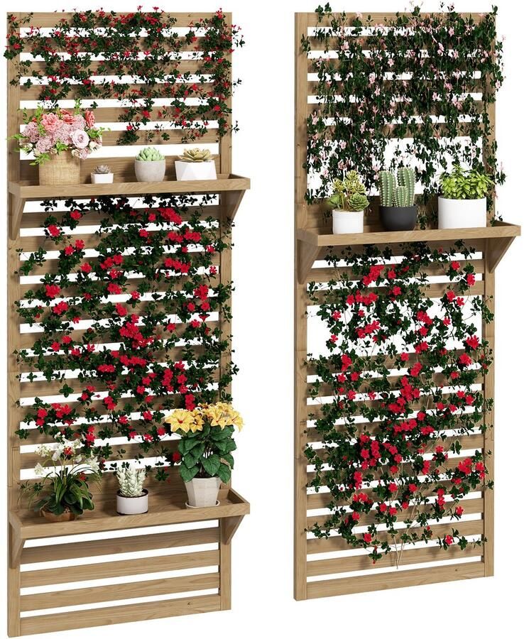 Corenia Plantenrek – Plantenstandaard – Plantentafel – Bloemenrek – Plantenzuil – Set van 2 – Houten Batterij – Met Latwerk Klimrek – Natuurlijk Hout – Voor Binnen & Buiten
