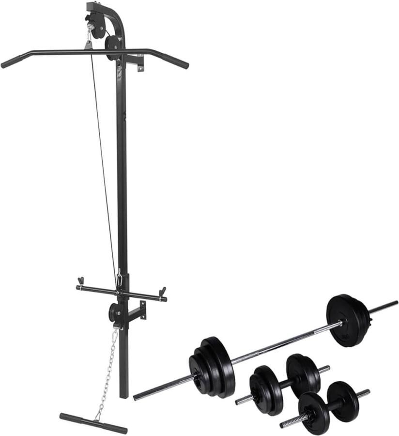 Corenia Power Tower – Krachtstation – Fitnessstation – Trainingsrek – Muurbevestiging – Compact Stalen Frame – Compleet Gewichtenset 30 5 kg – Antislip Handgrepen