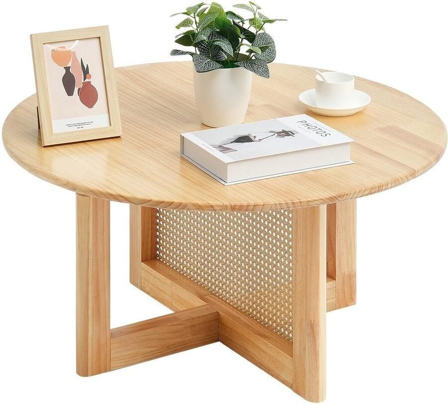Corenia Rattan Salontafel – Rotan Tafel – Koffietafel – Woonkamertafel – Bohemian Tafel – Handgemaakt PE Rattan Onderstel – Rubbenhouten Tafelblad 83 cm