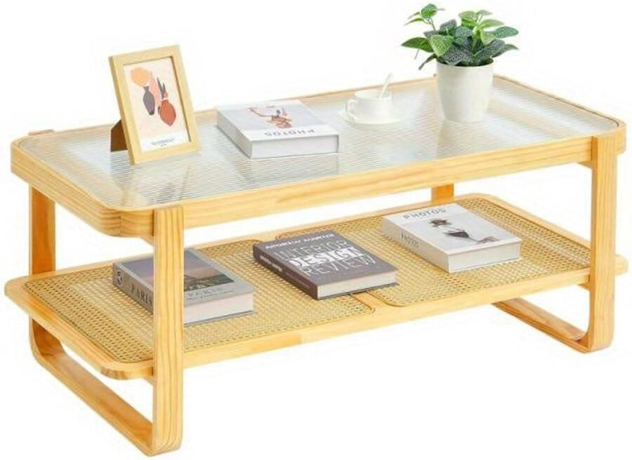 Corenia Rattan Salontafel – Rotan Tafel – Lounge Tafel – Woonkamer Tafel – Houten Salontafel – Rechthoekig Twee Niveaus – Natuurlijk Materiaal – Modern Design