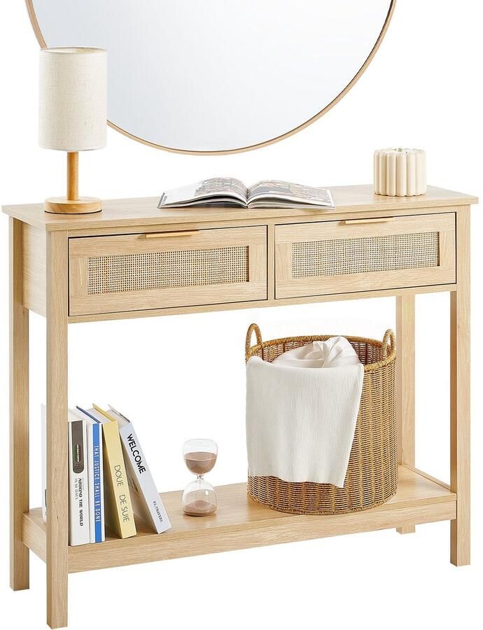 Corenia Rattan Sidetable – Bijzettafel – Console Tafel – Opbergmeubel – Haltafel – Natuurlijk Rattan – 2 Lades – Warme Eikenhoutkleur