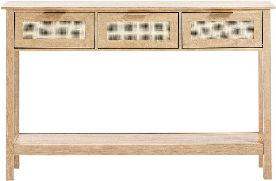 Corenia Rattan Sidetable – Wandtafel – Opbergtafel – Haltafel – Bijzettafel – Natuurlijk Rattan & Houten Blad – 3 Lades & Open Plank